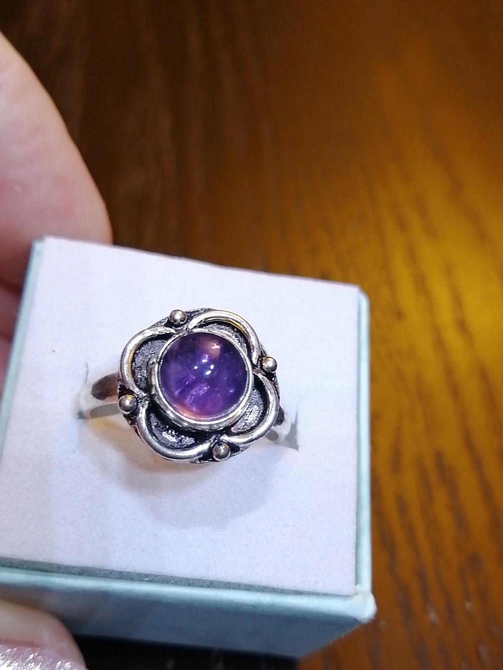Amethyst Cabochon Flower Silver Plated Ring Size 8.25